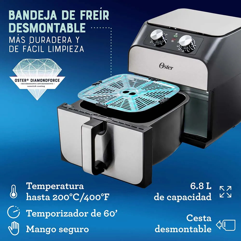 Freidora Aire Oster 6.8Lt Negra Plateada Diamond Force CKSTAF68T